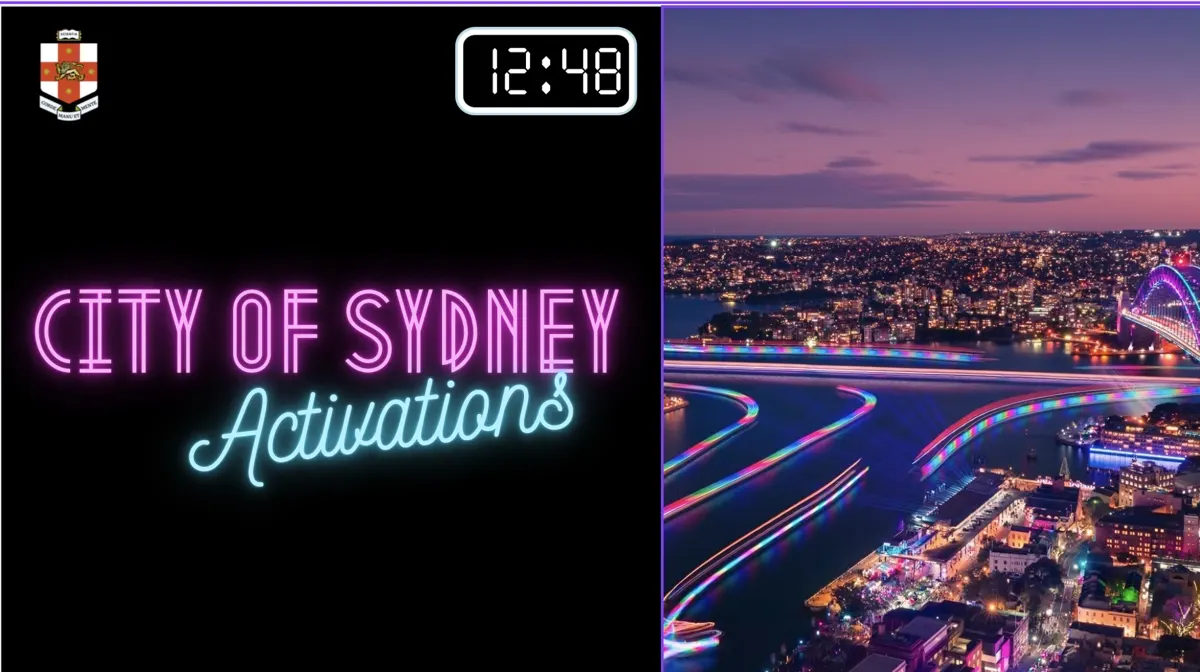 Innovator Pro 2024 concept slide titled City of Sydney Activations, beside a night view of Sydney Harbour
